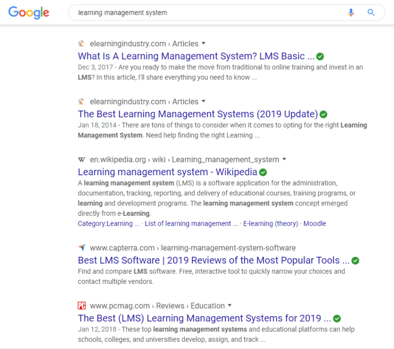 Google search results for the term learning management systems